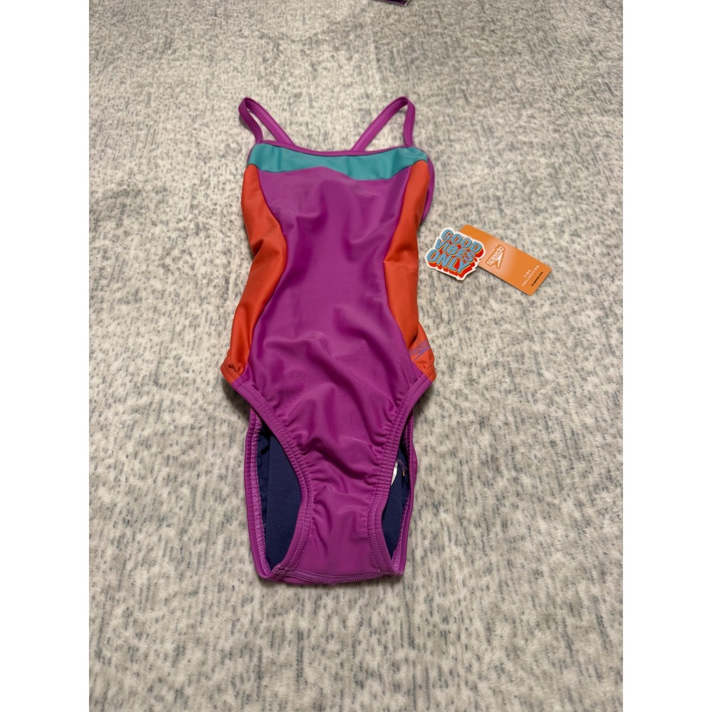 Speedo One Piece Swimsuit Neon Violet Color Block Athletic Size 28 NWT